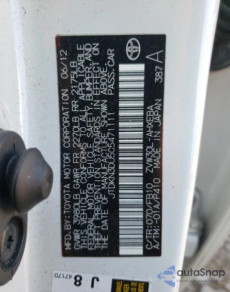 2012 Toyota Prius from USA, damaged, VIN JTDKN3DU5C5471111